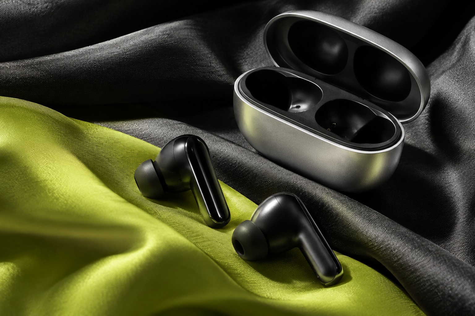 Compact earbud set — a distinct close-up concept composition