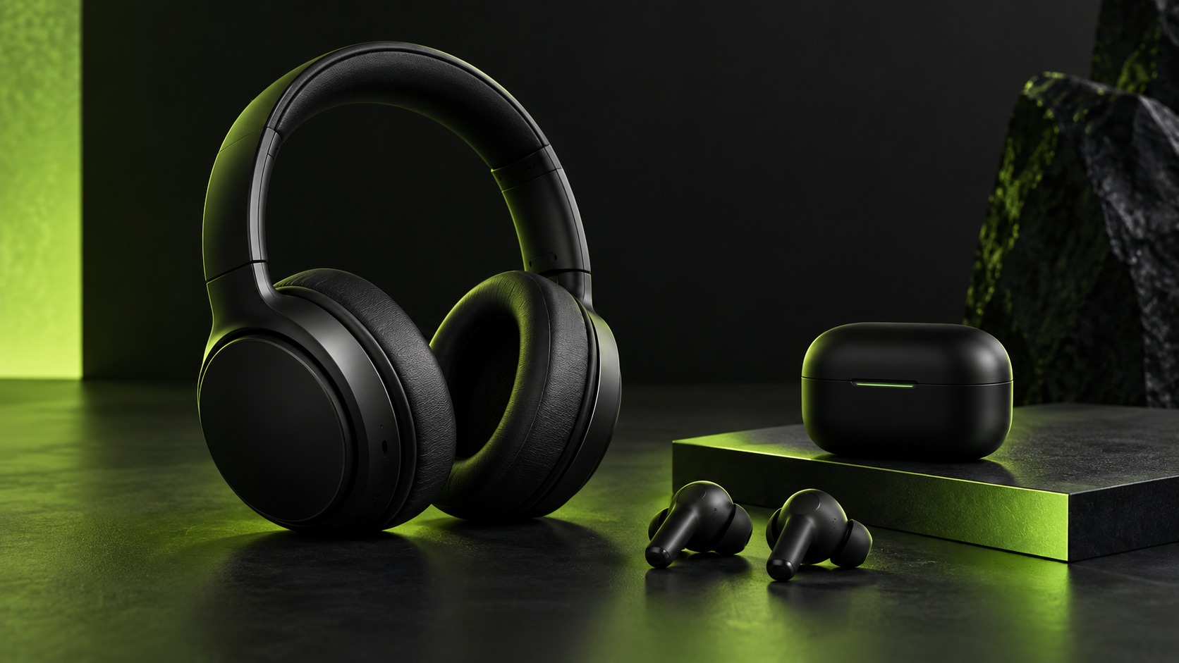 Headphones & earbuds collection styled as an editorial concept